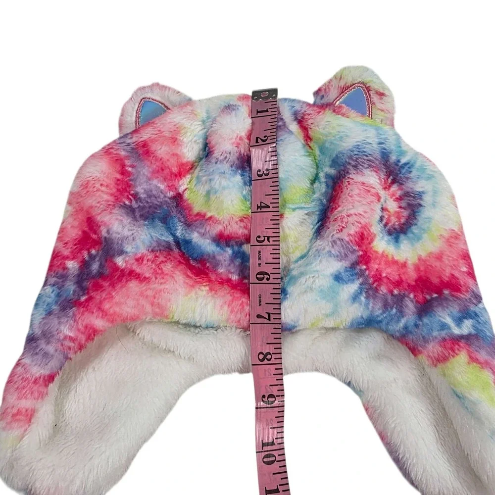 The Children's‎ Place Kids Tie Dye Faux Fur Bear Hat L/XL 8+ Ears Pom Poms
